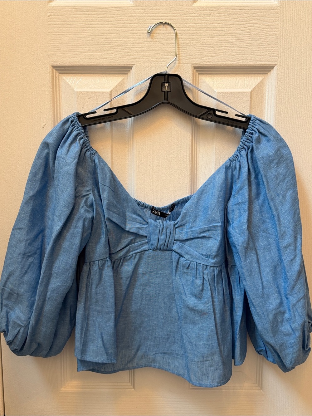 Zara Light Blue Puff Sleeve Cropped Bow-Front Blouse